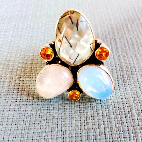 New Rutile Quartz, Opalite, Citrine & Rainbow Moonstone 925 Silver Ring. - Picture 2 of 14